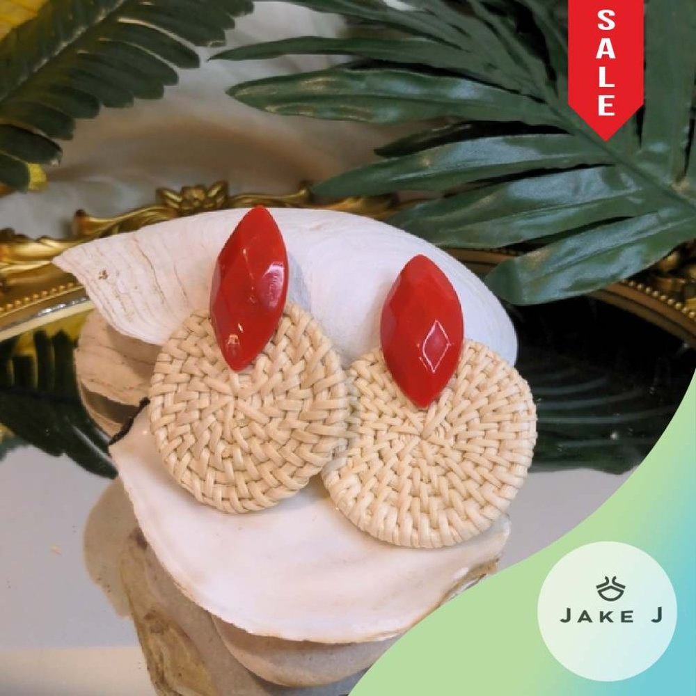 🍑Tropical Rattan Beach Inspired Red Geometric Women Earrings One size A-028